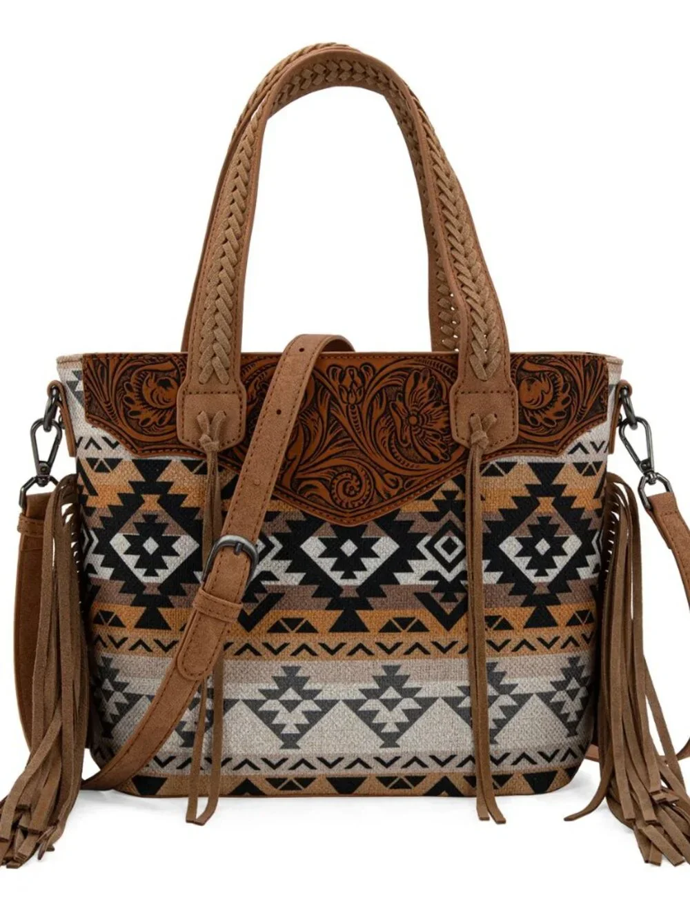 Montana West Tooled Aztec Tote/Crossbody with Wallet Set - Tan